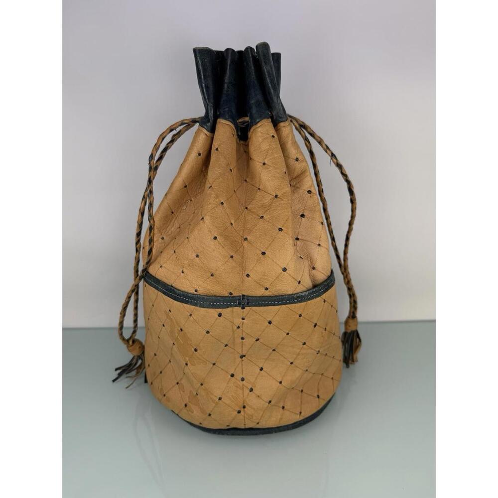 Rare Handmade Leather Bucket Bag Tan Navy Quilted Drawstring Boho Vintage Artisa